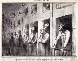 Caricature sur la science. Série sur « La Comète de 1857 » : « Aspect que commencent à avoir chaque nuit les rues de Paris ». Gravure par Honoré Daumier (1808-1879). Extrait du journal « Le Charivari ». - Honoré Daumier
