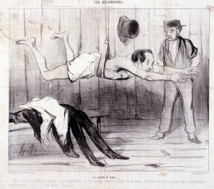 Caricature sur les touristes en vacances. Série « Les Baigneurs » : « La leçon à sec ». Gravure par Honoré Daumier (1808-1879). Extrait du journal « Le Charivari ». - Honoré Daumier