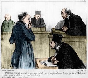 Caricature de Daumier : Série « Les Gens de justice » publiée dans « Charivari » du 04/03/1846. Audition d