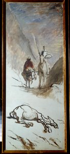 Don Quichotte et la mule morte Illustration du roman de Miguel Cervantes « Don Quichotte de la Manche » (El ingenioso Hidalgo Don Quijote de la Mancha). Peinture par Honoré Daumier (1808-1879). 19ème siècle