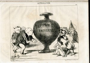 Satirique en N & B : Actualités - Président de la République, Suffrage universel - Thiers Adolphe, Montalembert Charles de (1810-1870), Louis Matthieu Molé (1781-1855), Dupin André-Marie, dit Dupin aîné (1783-1865) - Illustration par Honoré Daumier (1808-1