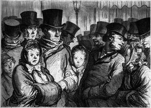 Boulevard du Temple à minuit. À gauche, des gens sortant du drame. À droite, des gens quittant les funambules. Dessin de Honoré Daumier (1808-1879). Gravure dans « Le Monde Illustré » n°254 du 22 février