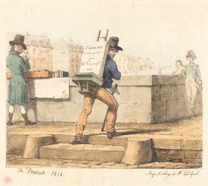 Artiste portant un chevalet avec une pierre lithographique