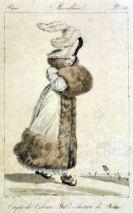Femme élégante portant un manteau et un chapeau de velours avec des plumes. Illustration de mode féminine par Horace Vernet (1789 - 1863) pour le numéro 20, vers 1810, d