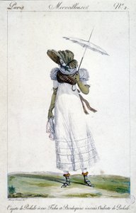 Gravure de mode par Horace Vernet (1789 - 1863), réalisée vers 1810 pour « Un Merveilleux », représentant une femme portant un dais écru, une broderie sanglante, un tartan et un parapluie - Emile Jean Horace Vernet