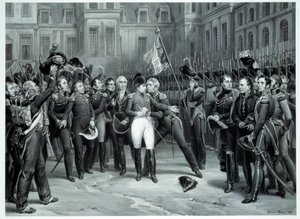Les adieux de Napoléon Bonaparte (1769-1821) à la garde impériale dans la cour du Cheval Blanc à Fontainebleau 20/04/1814 Gravure par Émile Vernet dit Horace Vernet (1789-1863) 1814 Paris, B.N. - Emile Jean Horace Vernet