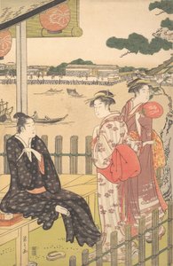 Groupe dans une maison de thé sur la rive de la rivière Sumida, vers 1790 - Hosoda Eishi