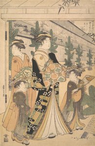 Deux Oiran avec deux servantes dans le Yoshiwara - Hosoda Eishi