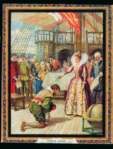 La reine Elizabeth I (1530-1603) fait chevalier Francis Drake (1540-96), illustration de 