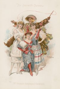 Trois danseuses en costume avec un homme tenant un fouet (lithographie couleur)