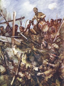 Le tambour Walter Ritchie debout sur le parapet ennemi pour sonner la charge, sous de lourdes attaques de mitrailleuses et de bombes, Beaumont Hamel, France, 1er juillet 1916 - Howard K. Elcock