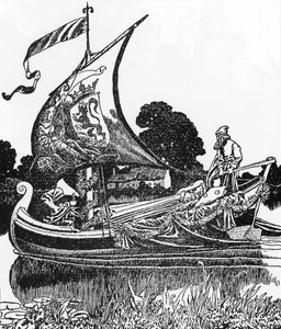 Légende arthurienne : La barque des morts apporte le corps du roi Arthur Illustration par Howard Pyle (1853-1911) de « L