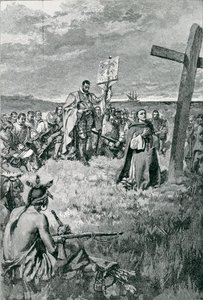 Jacques Cartier (1491-1557) érigeant une croix à Gaspé, illustration de 