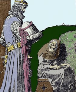 Le roi Arthur (Artus) et la sorcière. Illustration par Howard Pyle (1853 - 1911), illustrateur américain.