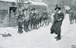 Le gouverneur puritain interrompant les sports de Noël, gravé par J. Bernstrom, illustration de 