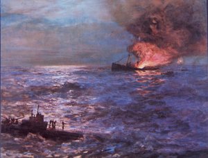 Navire marchand bombardé par un sous-marin allemand pendant la Seconde Guerre mondiale (lithographie en couleur) - Howard Russell Butler