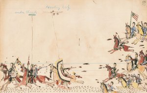 Combat entre Under Cloud et Howling Wolf avec le général Sully en 1868, 7ème cavalerie près du camp actuel, 1874-75 (stylo, encre et aquarelle sur papier de registre) - Howling Wolf