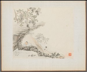 Album de peintures de paysages illustrant de vieux poèmes : Un homme allongé sous un surplomb rocheux - Hua Yan