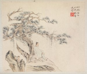 Album de peintures de paysages illustrant de vieux poèmes : Un vieil homme assis sous un pin..., 1700s