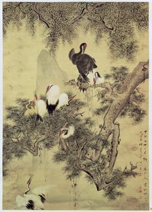 Huit hérons à crête rouge dans un pin, 1754 - Hua Yan