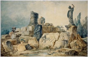Deux jeunes femmes dessinent les ruines de Rome, trois personnages en vêtements antiques les observent d