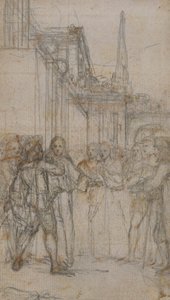 Illustration littéraire : Homme avec épée confrontant un groupe de figures devant un bâtiment - Hubert Francois Gravelot