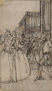Illustration littéraire avec deux dames et deux messieurs dans une rue - Hubert Francois Gravelot