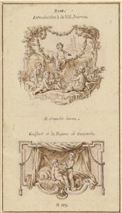 Neuf enfants écoutant une fille raconter une histoire; Un garçon remettant une bourse à une fille assise sur un lit - Hubert Francois Gravelot