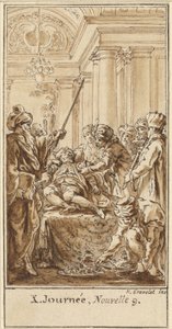 Dixième jour, neuvième histoire : Saladin offre de riches cadeaux à Torello endormi - Hubert Francois Gravelot