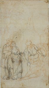Illustration littéraire non identifiée avec un groupe de figures entourant une figure allongée dans un paysage - Hubert Francois Gravelot
