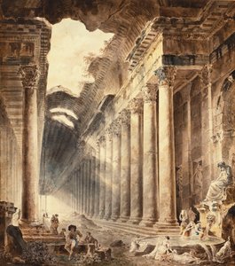 Un bâtiment thermal à colonnades, le toit partiellement ouvert au ciel, avec des filles lavant des vêtements à une fontaine sous une statue - Hubert Robert