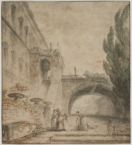 Un palais avec un pont voûté (Une villa romaine) - Hubert Robert