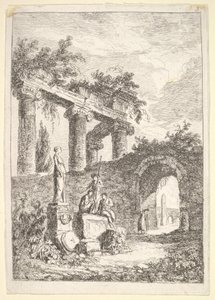 Planche 3 : La statue devant les ruines : une statue à gauche à côté de trois figures sur un p..., vers 1763-64 - Hubert Robert