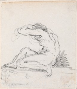 Nu masculin assis avec bras sur la tête, vu de côté