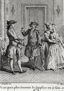 Je ne peux plus supporter les tourments ici où je suis, illustration pour Eugénie par Beaumarchais, gravée par Louis Joseph Masquelier (1741-1811) - Hubert after Gravelot