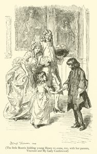 La petite Béatrix invitant le jeune Henry à venir aussi, avec ses parents, le vicomte et ma dame Castlewood - Hugh Thomson