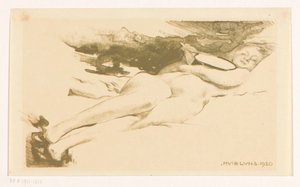 Femme nue allongée avec miroir - Huib Luns
