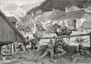 Des cosaques pillards surpris par des troupes hongroises dans un village hongrois - Hungarian School