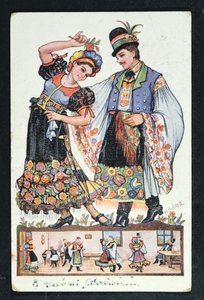 Carte postale représentant un couple hongrois dansant une danse traditionnelle, 1943