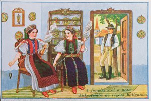 Carte postale représentant des femmes en costume traditionnel hongrois filant et chantant la chanson populaire Chante une chanson à la grenouille, vers 1940 - Hungarian School