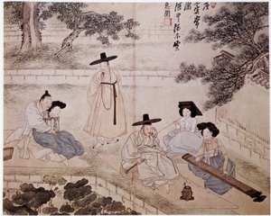 Musique, fumée et couple dans un jardin, Corée - par Hye-Wol, dynastie Yi - Hyewon