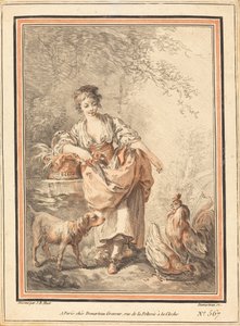 Femme nourrissant des poules - I Gilles Antoine Demarteau after Jean Baptiste Hüet
