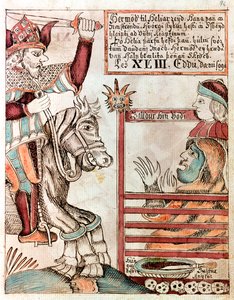 Hermod à califourchon sur Sleipnir, le célèbre cheval à huit jambes de son père, aux portes barrées du Royaume de Hel - Icelandic School