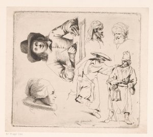 Composition avec homme écrivant, tête de femme et quatre figures masculines - Ignace Joseph de Claussin
