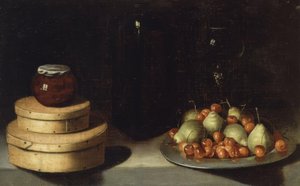 Nature morte (plateau avec cerises et poires, boîtes et pot de miel) – XXe siècle