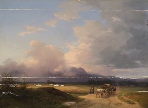 Paysage préalpin avec charrette sur la route