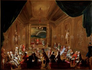 Réunion à Vienne de la Loge Maçonnique de la Couronne Espérance en 1790. Wolfgang Amadeus Mozart (1756-1791) est assis à droite au premier plan. Peinture d