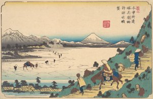 Lac Suwa depuis le col de Shiojiri, vers 1835 - Ikeda Eisen