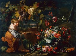 Jeune fille cueillant des raisins