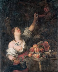 Une femme cueillant des raisins et un putto près d